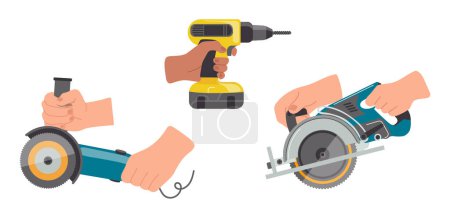 Vereinzelte Cartoonbauer-Hände tragen Bohrmaschine, Kreissäge und Gehrungssäge bei sich. Ausrüstung und Wartungsinstrumente der Bauindustrie für Reparatur- und Handwerksarbeiten Vektor Illustration