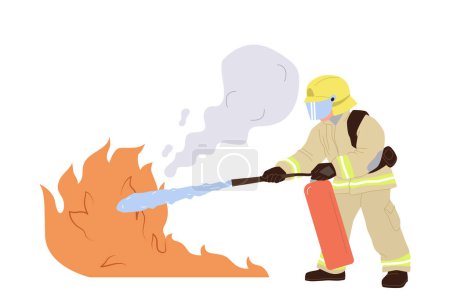 Personaje de dibujos animados bombero en uniforme con extintor poniendo en ilustración vector de fuego aislado sobre fondo blanco. Ayuda de emergencia, solución de problemas, seguridad y concepto de situación peligrosa