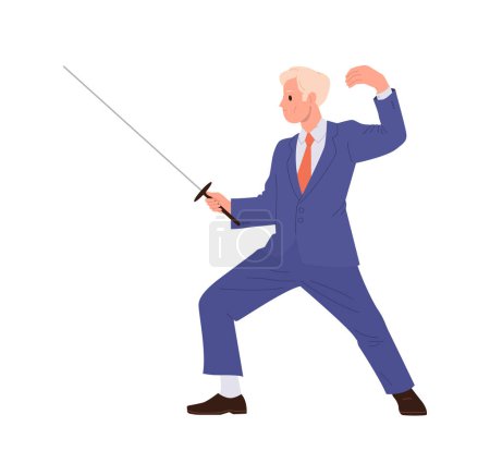 Confident businessman cartoon character in suit with sword standing in fighting position isolated on white background. Business competition to reach success and career growth vector illustration