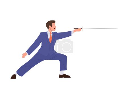 Brave confident businessman cartoon character fighting with sword isolated on white background. Male employee worker competitor wearing suit participating in risk combat flat vector illustration