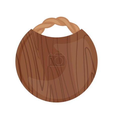 Round wooden cutting board with woven handle vector illustration isolated on white background. Empty circle timber tray for pizza or other food design cartoon style. Blank breadboard cookware