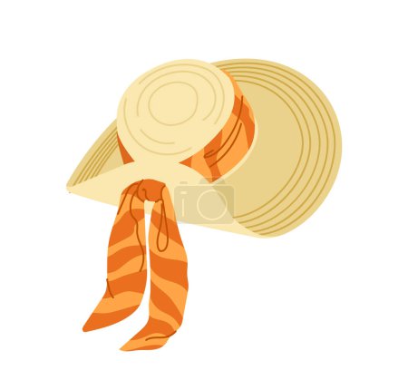 Elegant fashionable straw hat for woman with wide brim flaps and ribbon scarf isolated icon vector illustration on white background. Summer female fashion, tropical vacation attribute concept