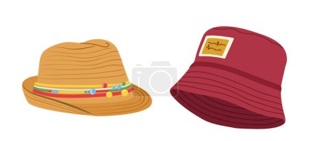 Téléchargez les illustrations : Panama textile tendance et classique tissé paille chapeau fedora accessoires de mode d'été isolé sur blanc. Différents modèles d'illustration vectorielle de coiffe de plage ou de rue. Personnes vêtement élégant - en licence libre de droit