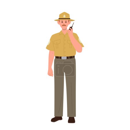 Forest Ranger Cartoon-Figur spricht mit Walkie Talkie digitalen Gerät Vektor Illustration isoliert auf weißem Hintergrund. Mann Umweltpolizist schützt Natur und Tierwelt