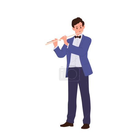 Joven músico clásico personaje de dibujos animados con traje festivo tocando flauta instrumento orquestal viento madera realizando solo concierto acústico vector ilustración aislado sobre fondo blanco