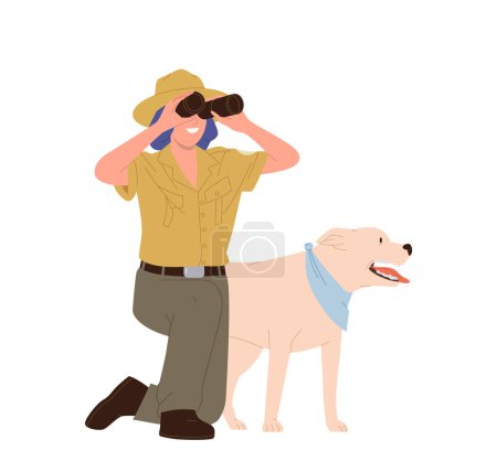 Junge Frau Försterin Cartoon-Figur, die durch ein Fernglas macht Umweltbeobachtung mit Hund Freund Vektor Illustration isoliert auf weiß. Waldschutz und Umweltmanagement