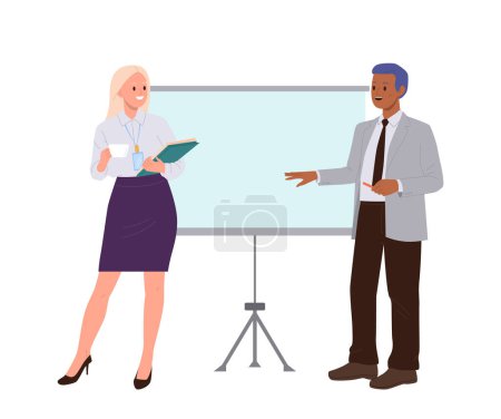 Businesspeople characters giving conference or seminar working on business projects in coworking office with whiteboard vector illustration. Businessman businesswoman coworkers making presentation