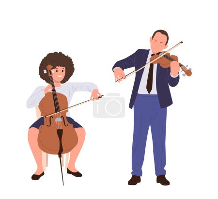 Talentoso hombre y mujer músico clásico personajes de dibujos animados con arco tocando violín y contrabajo instrumento de cuerda realizando concierto en el escenario, ilustración vectorial aislado sobre fondo blanco