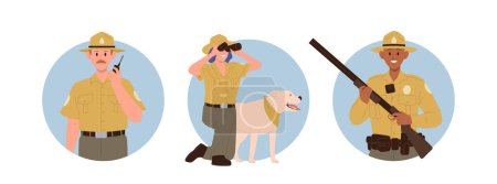 Förster männliche weibliche Comicfiguren auf Wache runde Zusammensetzung isoliert Set. Abteilung Natur- und Umweltschutz zur Überwachung der Patrouillensicherheit im Wald Vektor Illustration