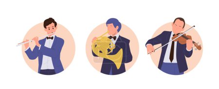 Hombre orquesta músicos clásicos personaje de dibujos animados que actúa con instrumentos de música conjunto de composición icono redondo. Artista musical, concertista, evento teatral festivo artista intérprete vector ilustración