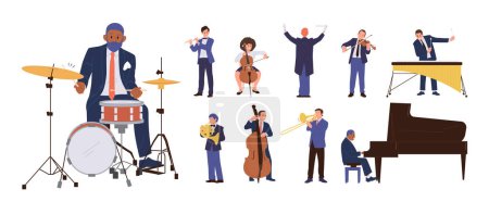 Gran conjunto con diferentes músicos clásicos personajes de dibujos animados masculinos y femeninos con traje festivo que actúa con instrumento de música dando concierto participando con orquesta, ilustración vectorial