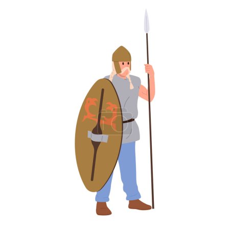 Gallic warrior ancient soldier cartoon character wearing helmet and traditional costume holding sword spears and wooden shield flat vector illustration. Armored antique barbarians isolated on white