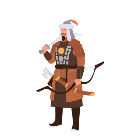 Illustration for Ancient Mongol warrior cartoon character wearing tribal clothing armored with ethnic weapon isolated on white background. Asian nomad soldier holding bow with arrow and sword vector illustration - Royalty Free Image