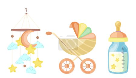 Set von neugeborenen Baby-Accessoires mit Kinderwagen, mobilen Rasselspielzeug und Milchflasche isoliert auf weißem Hintergrund. Kinderartikel und Kutschenzubehör für Spaziergänge, Pflege und süße Träume