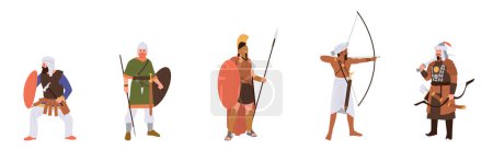 Ilustración de Personajes de dibujos animados de antiguos guerreros con soldados eslavos, griegos, mongoles, persas e indios vestidos con trajes tradicionales que sostienen ilustración vectorial de armas étnicas aisladas sobre fondo blanco - Imagen libre de derechos