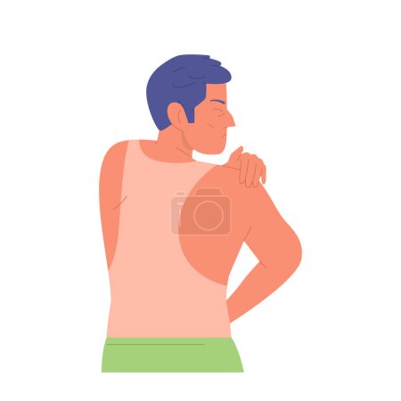 Junger Mann als Zeichentrickfigur, der nach Sonneneinstrahlung auf weißem Hintergrund seine beschädigte rötliche Körperhaut auf den Schultern berührt. Traurige männliche Person mit Sonnenbrand Vektor Illustration