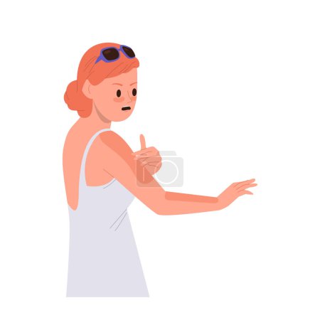 Illustration for Sunburned woman cartoon character suffering from skin problems after unhealthy sunbathing isolated on white background. Female person showcasing discomfort of red shoulders vector illustration - Royalty Free Image