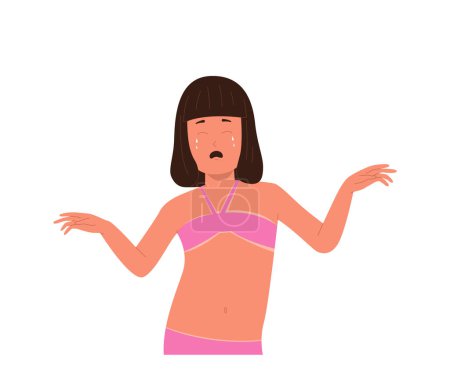 Chica llorona niño personaje de dibujos animados con traje de baño con problemas de piel dañada después de tomar el sol bajo el sol caliente de verano aislado en el fondo blanco. Situación peligrosa en la ilustración del vector de vacaciones