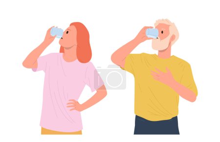 Homme âgé et femme mature personnage de dessin animé plat boire de l'eau à partir de lunettes ayant une habitude saine le matin isolé sur blanc. Bonne influence du liquide pur sur l'illustration vectorielle de promotion du corps