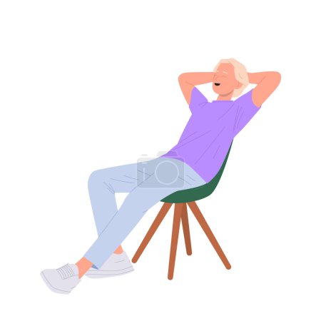 Junger Mann Zeichentrickfigur sitzt auf Stuhl und genießt Zaudern, träumen, schlafen isoliert auf weißem Hintergrund. Fauler, gelangweilter Freiberufler, der Zeit verschwendet und Mittagsschlaf hält