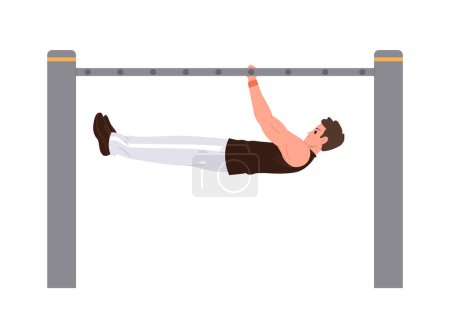 Calisthenics sportsman cartoon character hanging in balance on horizontal bar performing power and strength vector illustration isolated on white. Urban street workout, training at gym for endurance