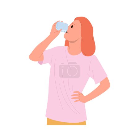 Young woman flat cartoon character drinking pure water from glass enjoying healthy lifestyle and benefits of hydration balance isolated on white background. People aquatic balance vector illustration
