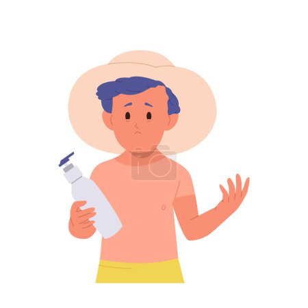 Niño triste personaje de dibujos animados con piel roja dañada sosteniendo botella de protector solar aislado sobre fondo blanco. Niño pequeño con sombrero de paja y bronceado en forma de ilustración de vectores de camisa