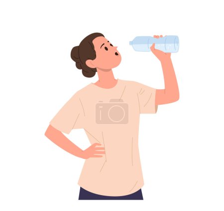 Jeune femme sportive personnage de dessin animé boire de l'eau de bouteille en plastique se sentant bien être isolé sur fond blanc. Entretien de l'équilibre eau-sel dans l'illustration vectorielle du corps