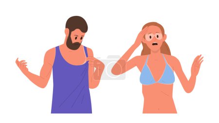 Young man and woman cartoon characters with sunburn on reddened body and face skin isolated on white background. Stressed people male and female tourist with burnt dermis vector illustration