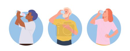 Isolé composition d'icônes rondes avec des personnages de dessins animés heureux boire de l'eau pure propre à partir de verres et bouteilles illustration vectorielle. Habitudes saines, bien-être et entretien de l'équilibre eau-sel