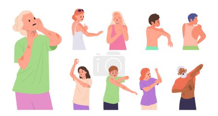 Illustration for Diverse people cartoon characters suffering from skin problem, different disorder or sunburn set isolated on white background. Sad unhealthy man and woman with red spot on body vector illustration - Royalty Free Image