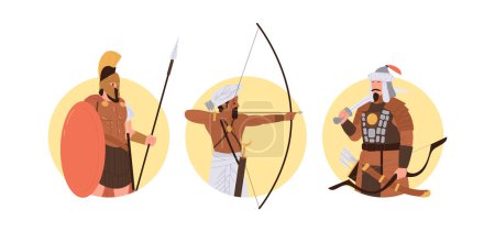 Illustration for Brave ancient Greek, Indian and Mongol warrior cartoon characters round composition isolated set. Antique armed conquerors vector illustration. Historic hero, army soldier and war person avatars - Royalty Free Image