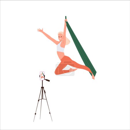 Illustration for Young woman aerial yoga instructor cartoon character hanging streaming antigravity exercise online for followers in social media using mobile phone, vector illustration isolated on white background - Royalty Free Image