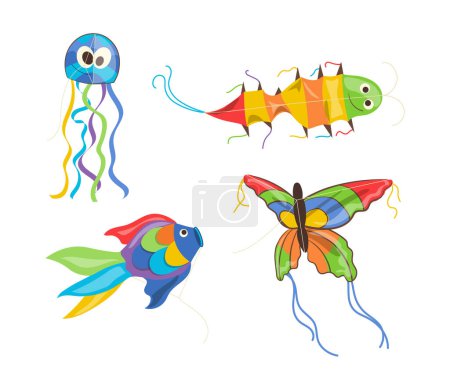 Conjunto de dibujos animados de volando cometa juguetes de papel de colores para niños con diferentes formas aisladas sobre fondo blanco. Peces, medusas, mariposas y oruga niños juguetes vector ilustración