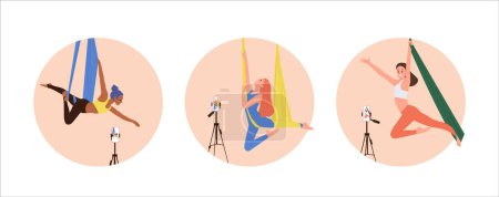 Encantador personaje de dibujos animados entrenador femenino de yoga con mosca flotando en la composición redonda aislada hamaca. Lección acrobática para la ilustración vectorial del blog fitness. Anuncio de ejercicio físico gimnástico