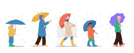 Personas felices personajes de dibujos animados de diferentes edades caminando con sombrillas bajo las lluvias en otoño calle fuera de ilustración vectorial. Hombre, mujer y niños con sombrilla aislada en blanco
