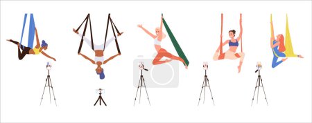 Graceful women gymnasts streaming aerial yoga in hammock class in blog isolated set on white. Young sporty female suspending on acrobatic ribbon recoding video for social media vector illustration