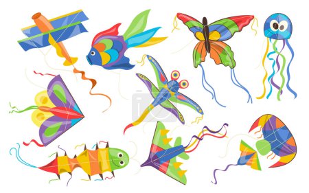 Los juguetes vibrantes de los niños de las cometas del color de diversas formas y fijan aislados en el fondo blanco. Juguetes para pasar tiempo en verano, actividad al aire libre e ilustración de vectores de juegos