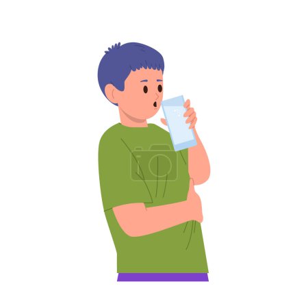 Lindo niño pequeño personaje de dibujos animados bebiendo agua limpia fresca de vidrio para refrescarse y saciar la sed aislado en el fondo blanco. Hábito saludable de los niños vector ilustración