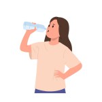 Cute cheerful schoolgirl child cartoon character drinking mineral water from plastic bottle isolated on white background. Little female kid refreshing with natural clean aqua vector illustration