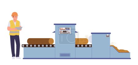 Personaje masculino de dibujos animados del operador que trabaja en el ensamblaje automático de la cinta transportadora industrial del molino en la fábrica de fabricación de papel. Producción de celulosa, proceso de gestión de hardware ilustración vectorial plana