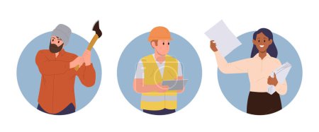 Paper production and woods processing factory workers flat cartoon character round composition. Lumberjack, operator, saleswoman avatar vector illustration. Manufacturing and merchandise concept