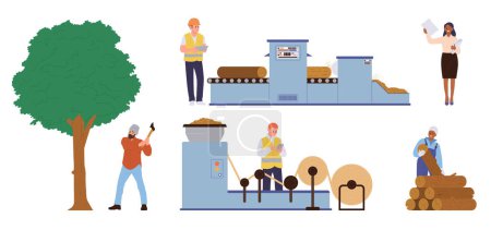 Paper manufacture automated production line set with people workers cartoon characters. Lumberjack chopping wood, operator working on press machine, businesswoman using sheet vector illustration