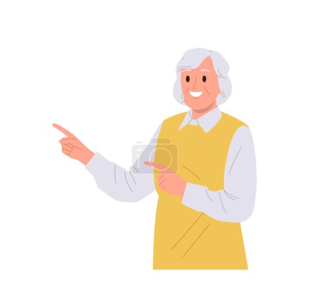Old elderly smiling woman cartoon character pointing aside with index finger hand gesture indicating, demonstrating or recommending something isolated on white background. Advertisement concept