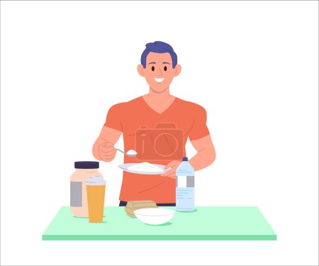Male bodybuilder athlete cartoon character cooking sports food mixing protein powder cocktail isolated white background. Healthy supplements preparation for body muscle pampering vector illustration