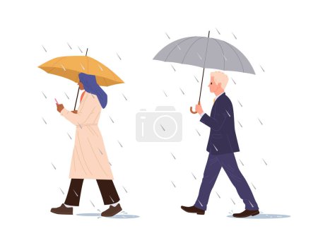 Young man and woman businesspeople cartoon character walking under rainfall holding umbrella isolated on white. Office worker, executive manager rushing for work during bad weather vector illustration