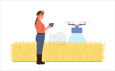 Woman farmer using remote controlled drone system to irrigate field cartoon scene vector illustration. Female rancher providing watering process management and innovative agriculture technology