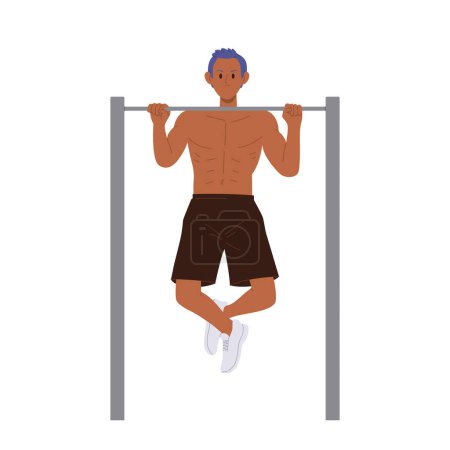 Starker athletischer Mann Cartoon-Charakter, der sich an horizontalen Barren hochzieht und das Training im Freien genießt. Calisthenics, Akrobatik, Turn-Sportler isoliert auf weißem Hintergrund