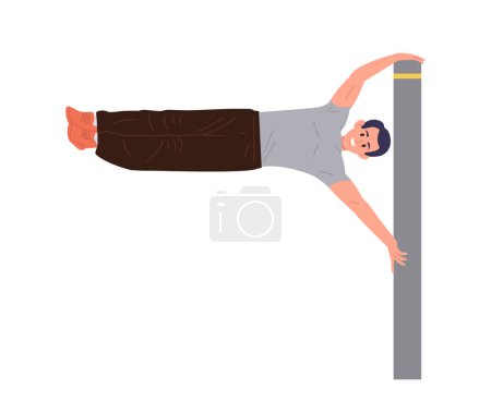 Ilustración de Joven deportista atlético personaje de dibujos animados haciendo ejercicio de calistenia bandera humana colgando de barra vertical ilustración vectorial aislado en blanco. Hombre acrobat realizando entrenamiento de fuerza al aire libre - Imagen libre de derechos