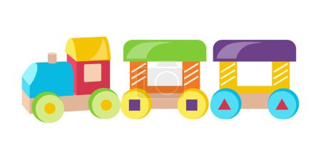 Locomotora de madera multicolor para niños preescolares juegos divertidos y desarrollo aislado sobre fondo blanco. Juguete de tren de dibujos animados con ilustración vectorial de vagones de colores. Surtido de juguetes para niños